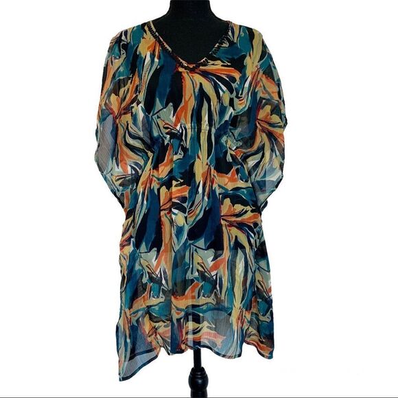 Jessica kimono Kaftan dress beach coverup chiffon short sleeve tropical sequin🔥 - Picture 1 of 12